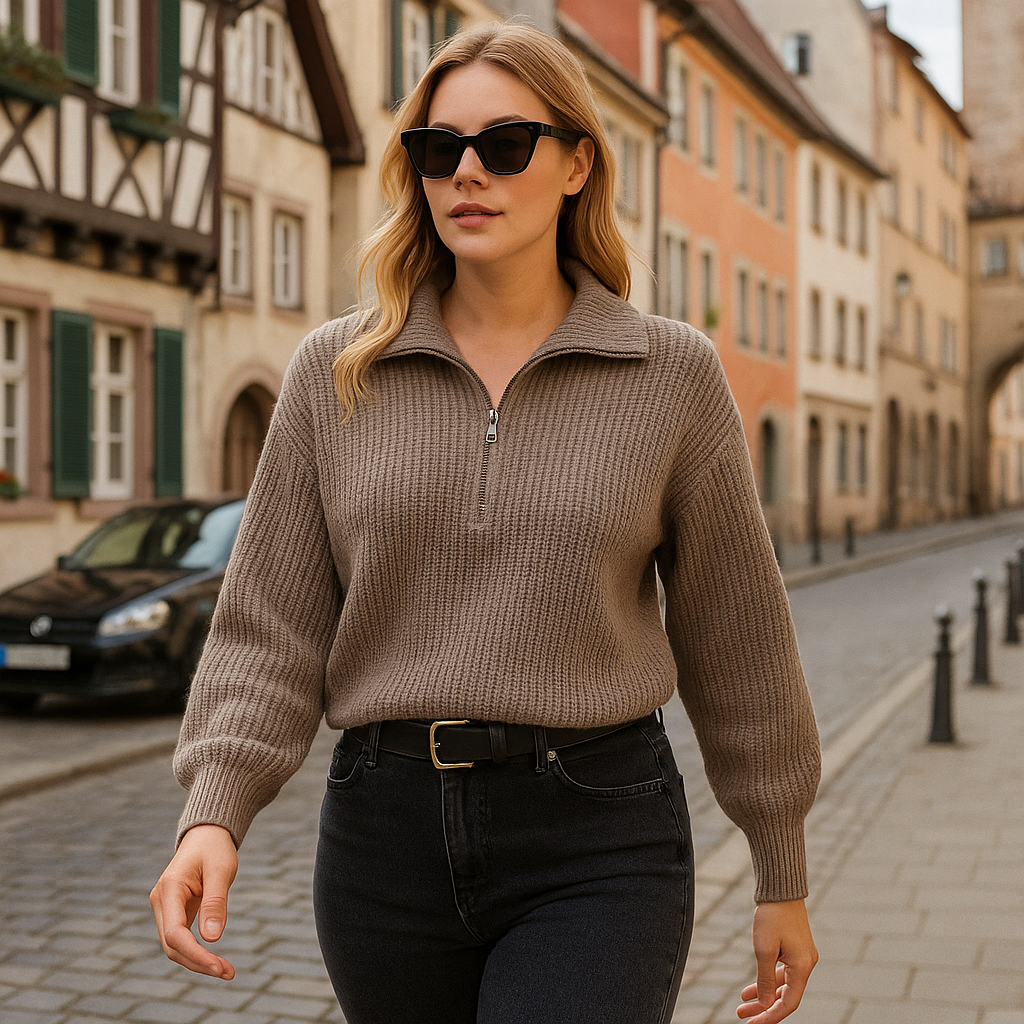 Studioaufnahme eines braunen Strickpullovers mit halbem Reißverschluss und Ballonärmeln, flach vor hellem Hintergrund präsentiert.
