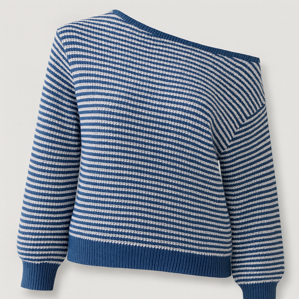 Blau-weiß gestreifter Strickpullover mit asymmetrischem Off-Shoulder-Ausschnitt und langen Ärmeln.