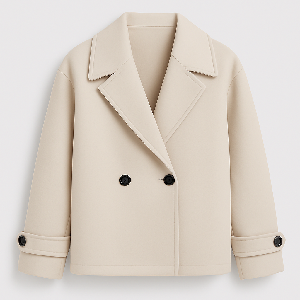 Beige Wollmix-Jacke im Trench-Stil mit weitem Reverskragen und Doppelknöpfen.