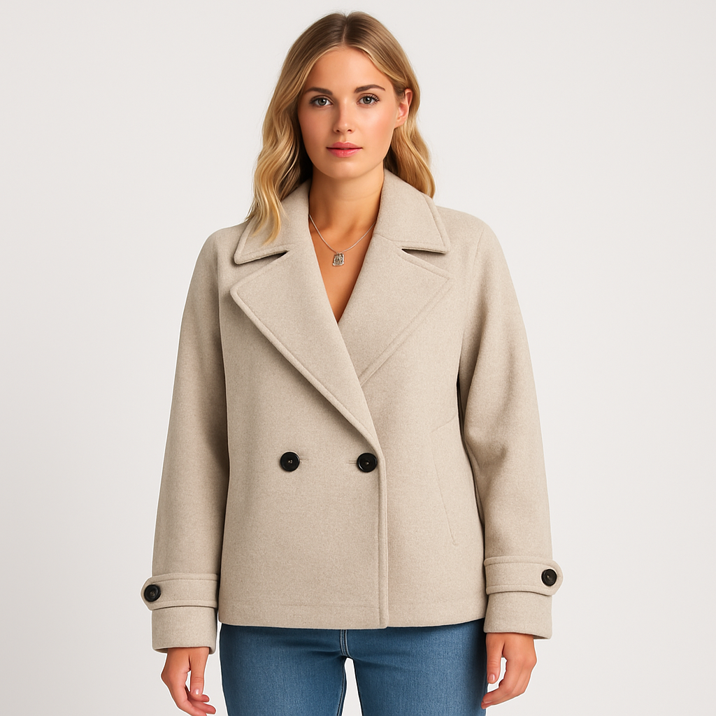 Beige Wollmix-Jacke im Trench-Stil mit weitem Reverskragen und Doppelknöpfen.
