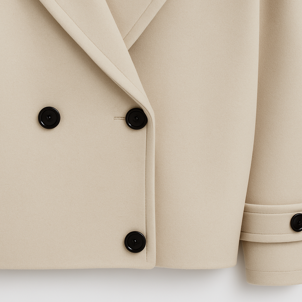 Beige Wollmix-Jacke im Trench-Stil mit weitem Reverskragen und Doppelknöpfen.