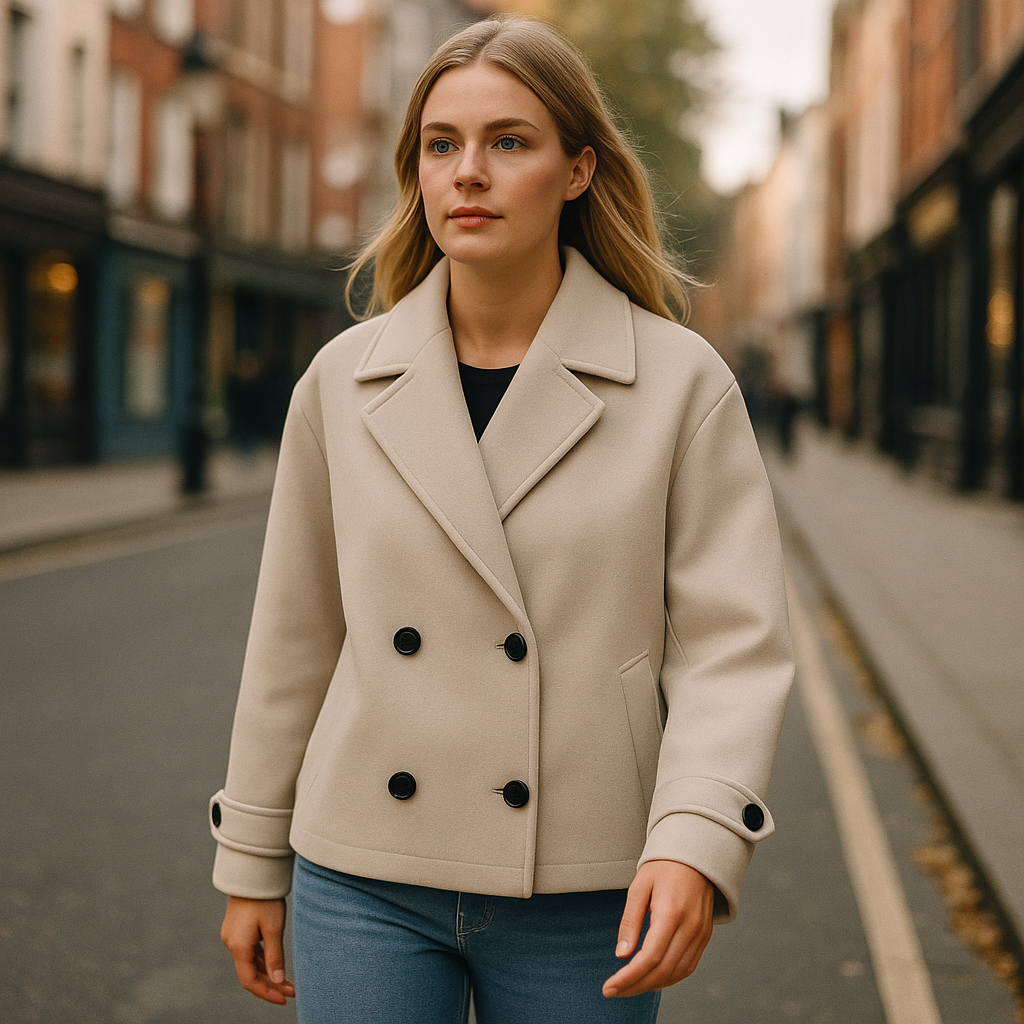 Beige Wollmix-Jacke im Trench-Stil mit weitem Reverskragen und Doppelknöpfen.