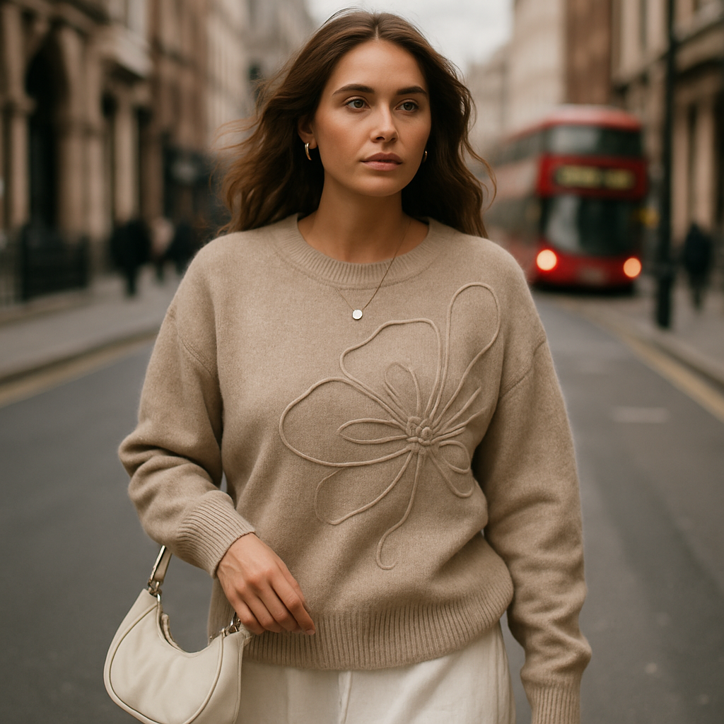 Beigefarbener Strickpullover mit großem eingearbeitetem Blumen-Relief und langen Ärmeln.
