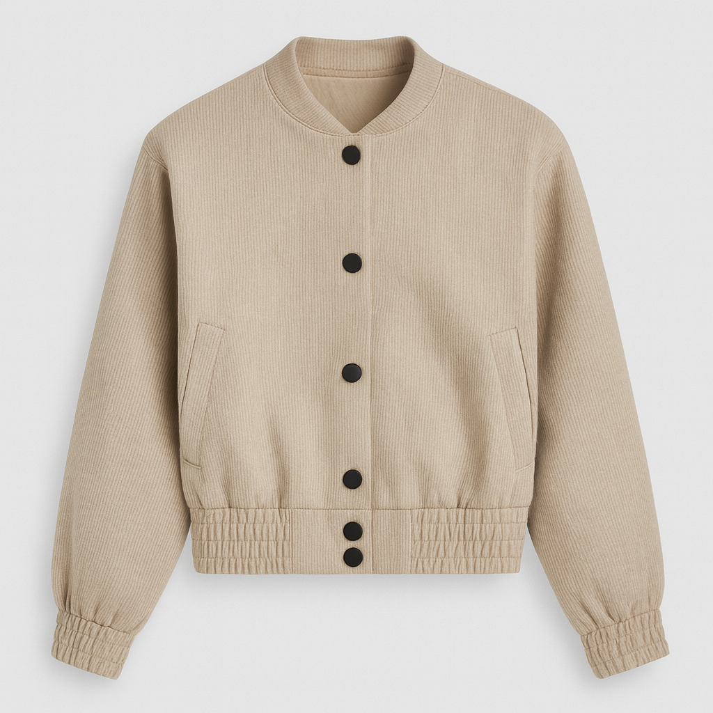 Beige Cord-Bomberjacke mit schwarzen Knöpfen, elastischem Bund und langen Ärmeln.