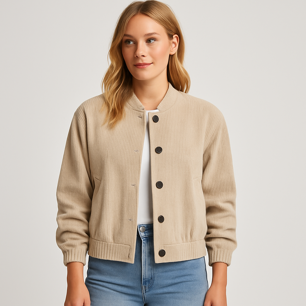 Beige Cord-Bomberjacke mit schwarzen Knöpfen, elastischem Bund und langen Ärmeln.