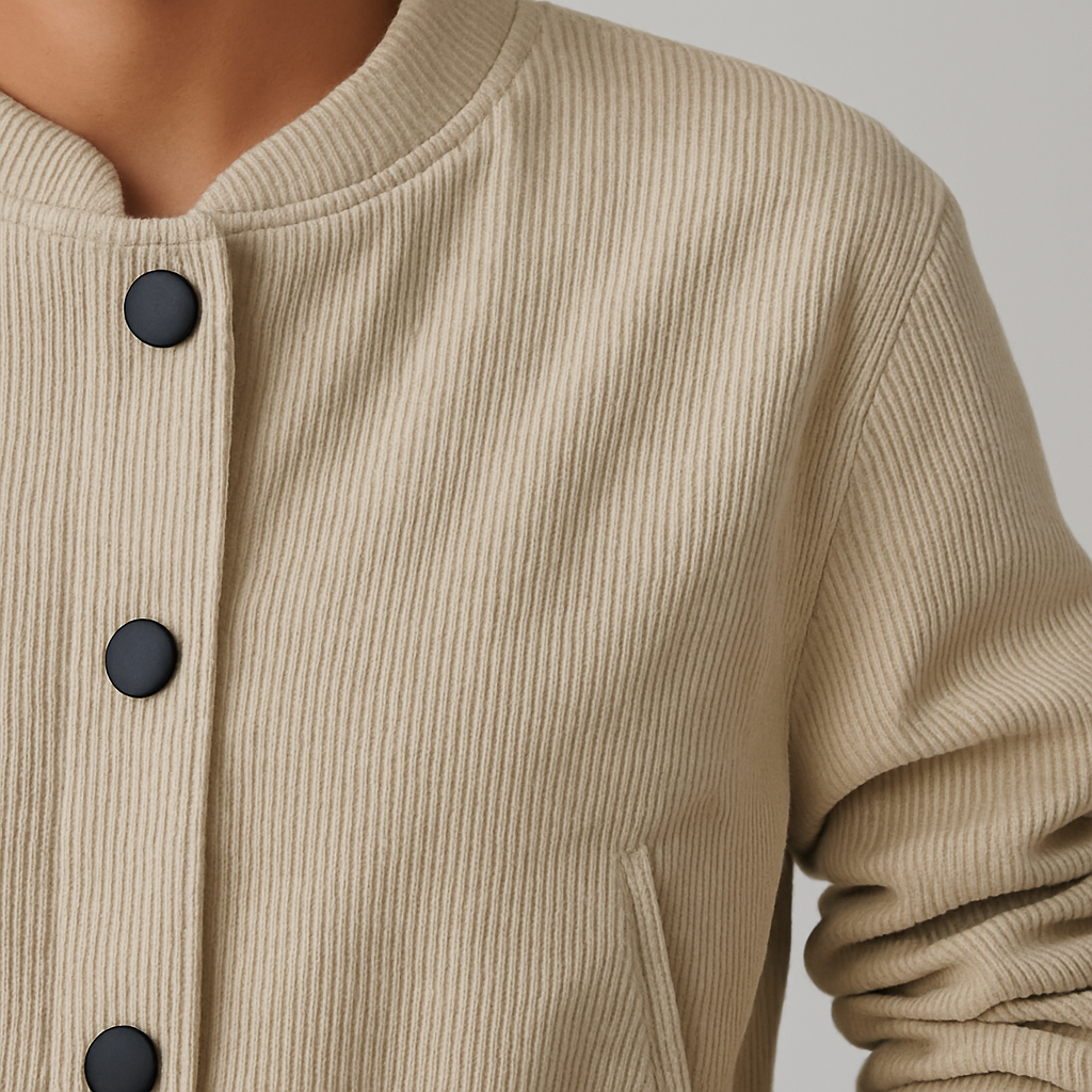 Beige Cord-Bomberjacke mit schwarzen Knöpfen, elastischem Bund und langen Ärmeln.