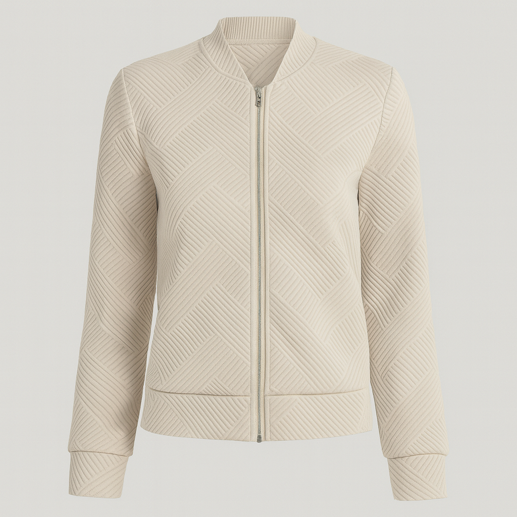 Beige Bomberjacke mit geometrischem Strukturmuster und Reißverschluss.