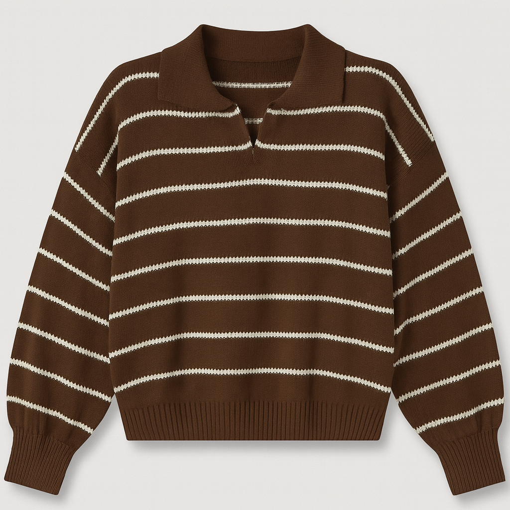 Braun-weißer gestreifter Polo-Pullover mit V-Ausschnitt und langen Ärmeln.