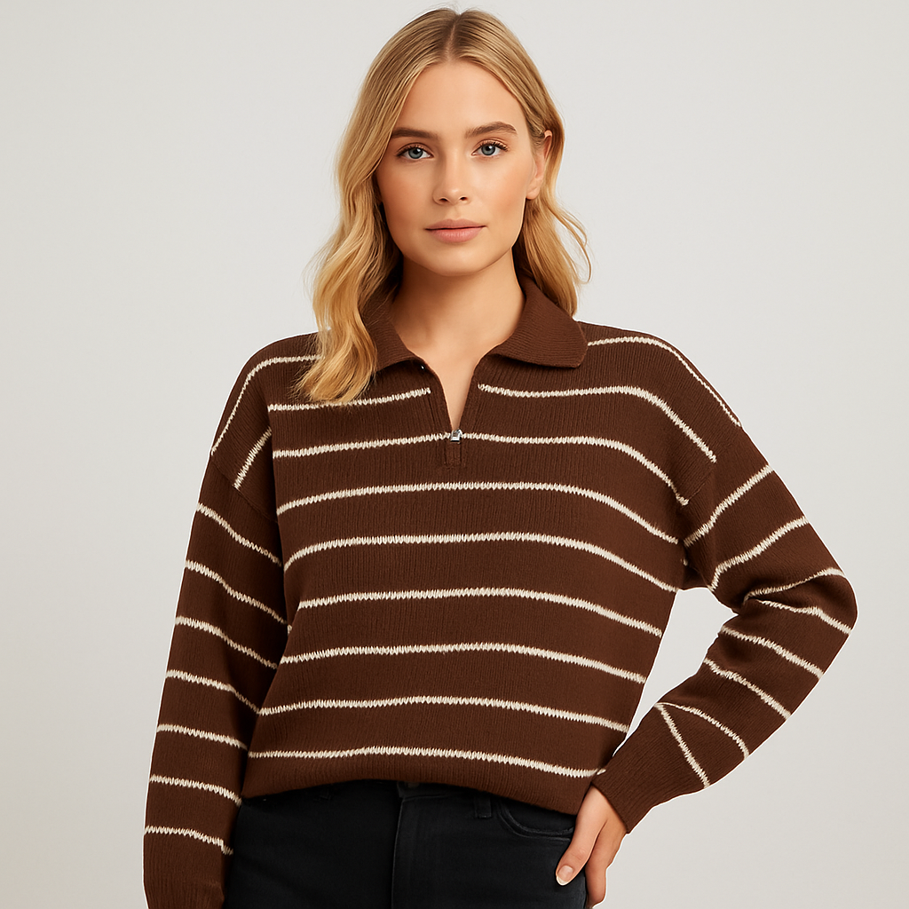 Braun-weißer gestreifter Polo-Pullover mit V-Ausschnitt und langen Ärmeln.