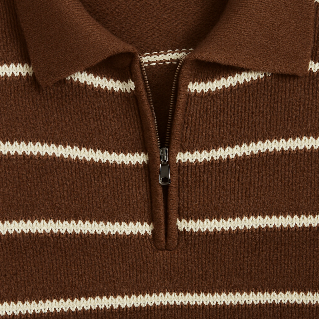 Braun-weißer gestreifter Polo-Pullover mit V-Ausschnitt und langen Ärmeln.