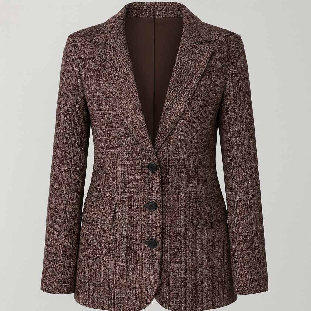 Dunkel karierter Blazer mit tiefem Reverskragen, drei Knöpfen und tailliertem Schnitt.