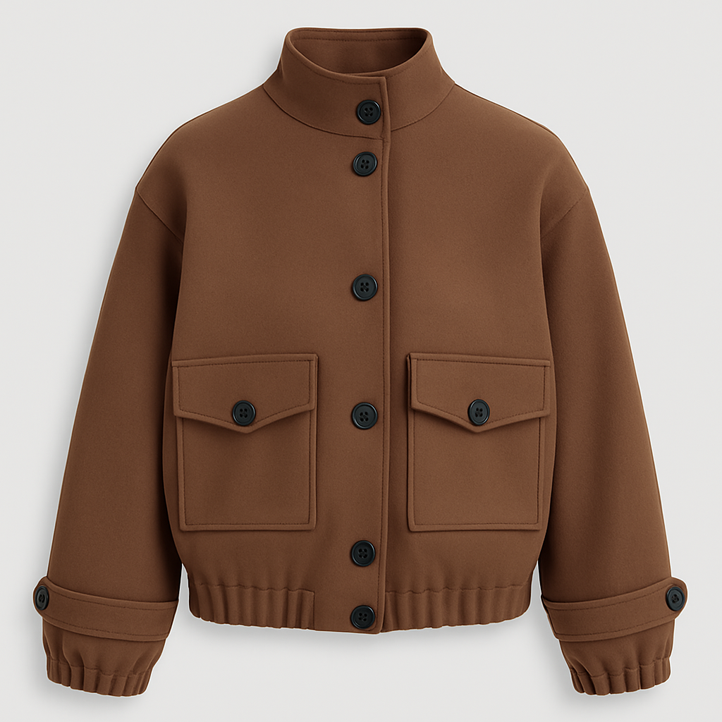 Braune Utility-Jacke mit Stehkragen, großen Knöpfen und aufgesetzten Taschen.