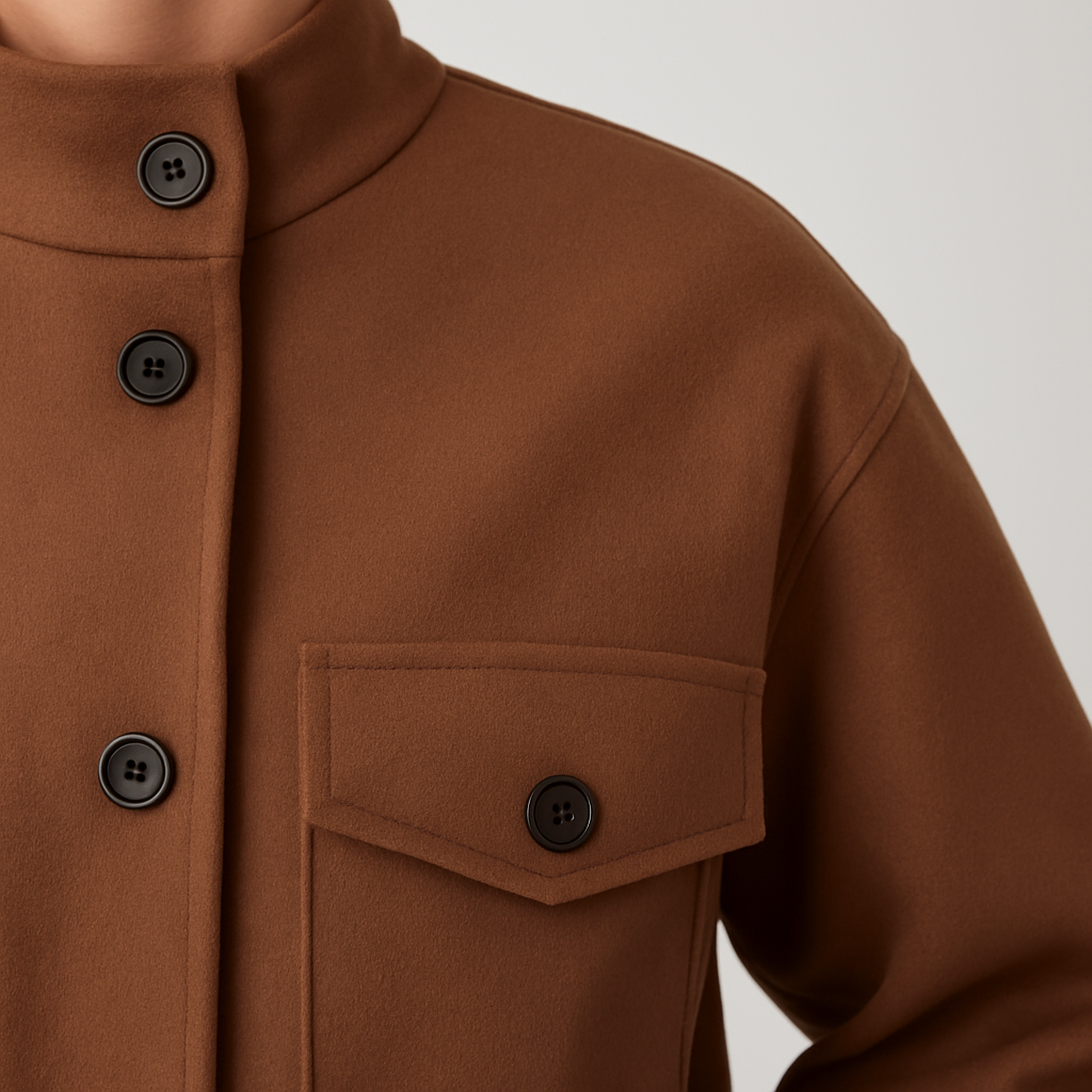 Braune Utility-Jacke mit Stehkragen, großen Knöpfen und aufgesetzten Taschen.