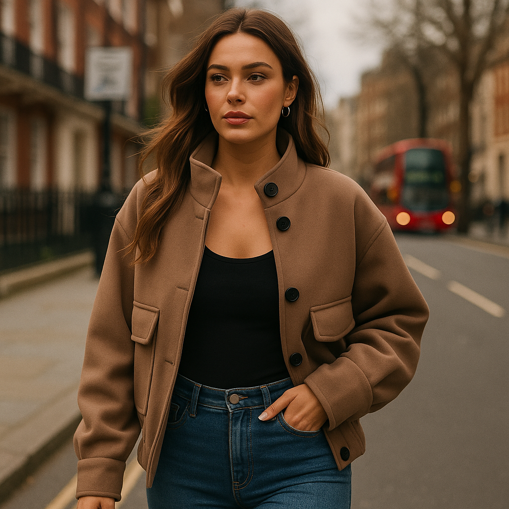 Braune Utility-Jacke mit Stehkragen, großen Knöpfen und aufgesetzten Taschen.