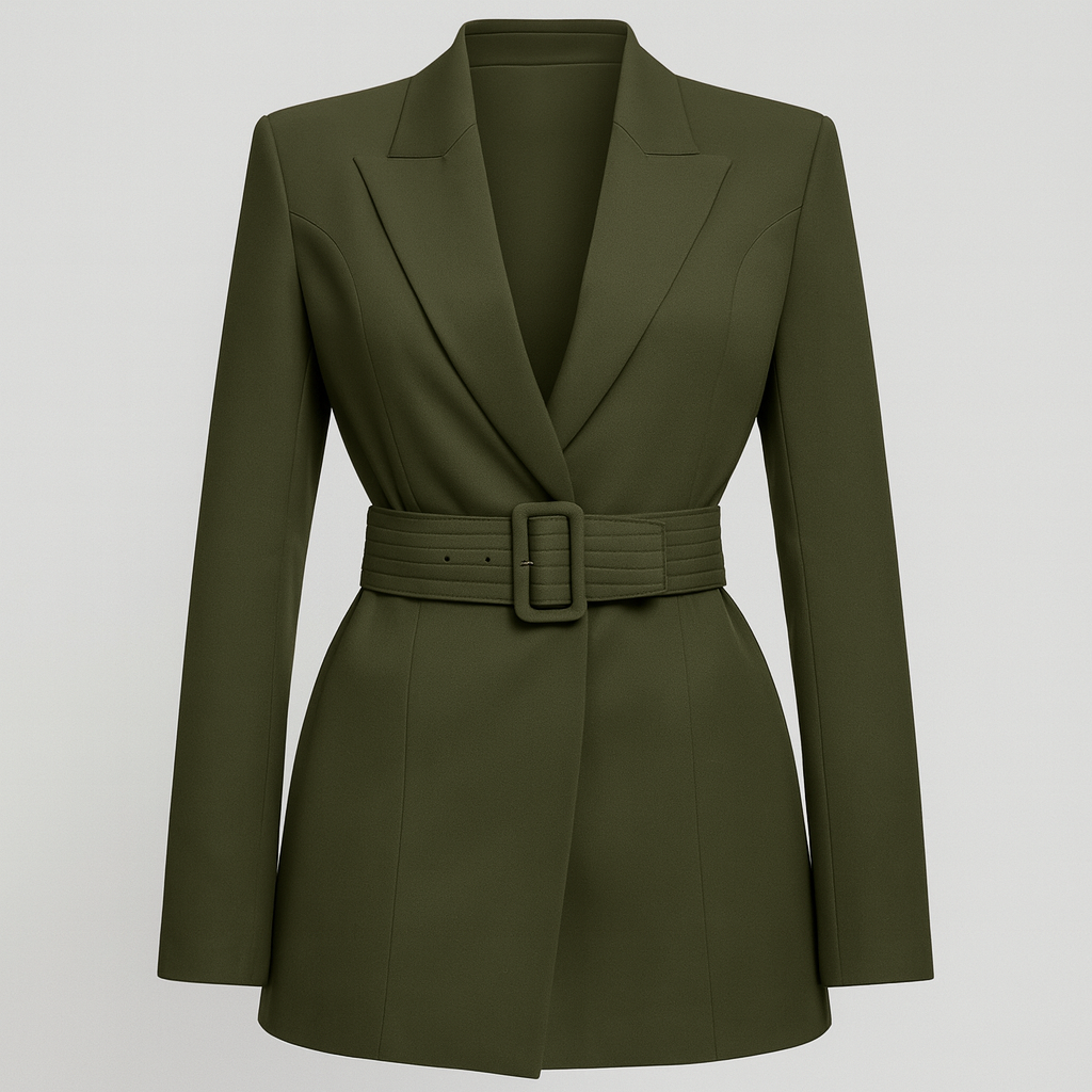 Olivgrüner taillierter Blazer mit breitem Gürtel und Reverskragen.