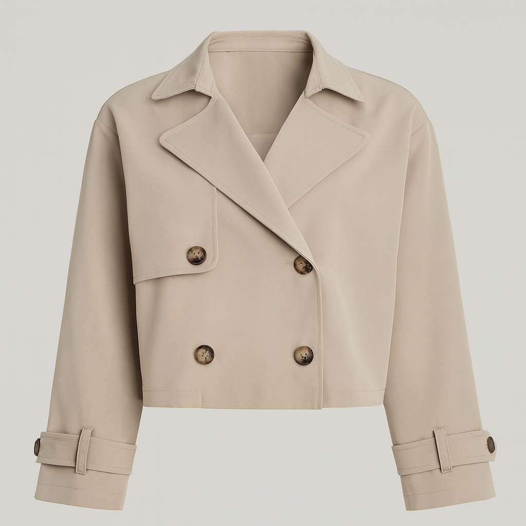 Beige Cropped Trenchjacke mit doppelreihiger Knopfleiste und Reverskragen.