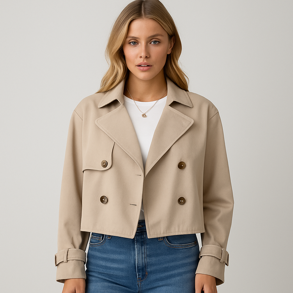 Beige Cropped Trenchjacke mit doppelreihiger Knopfleiste und Reverskragen.