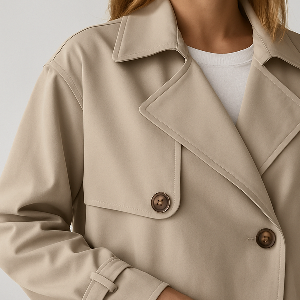 Beige Cropped Trenchjacke mit doppelreihiger Knopfleiste und Reverskragen.