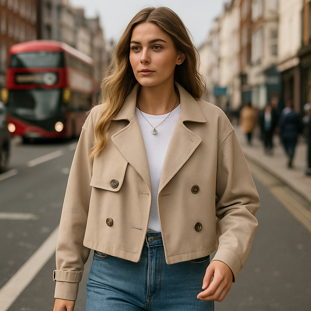 Beige Cropped Trenchjacke mit doppelreihiger Knopfleiste und Reverskragen.