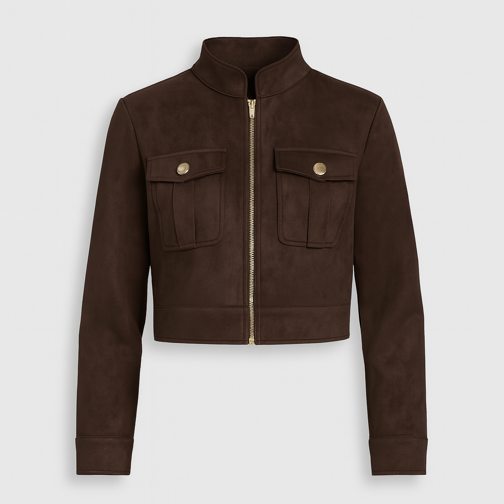 Dunkelbraune Cropped Jacke in Wildlederoptik mit goldfarbenen Knöpfen und Reißverschluss.