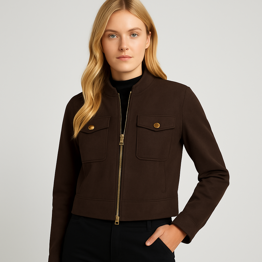 Dunkelbraune Cropped Jacke in Wildlederoptik mit goldfarbenen Knöpfen und Reißverschluss.