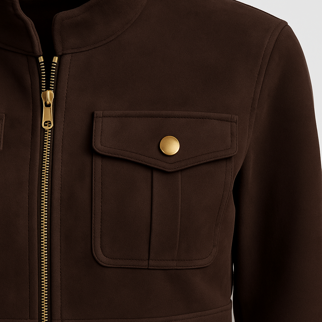 Dunkelbraune Cropped Jacke in Wildlederoptik mit goldfarbenen Knöpfen und Reißverschluss.