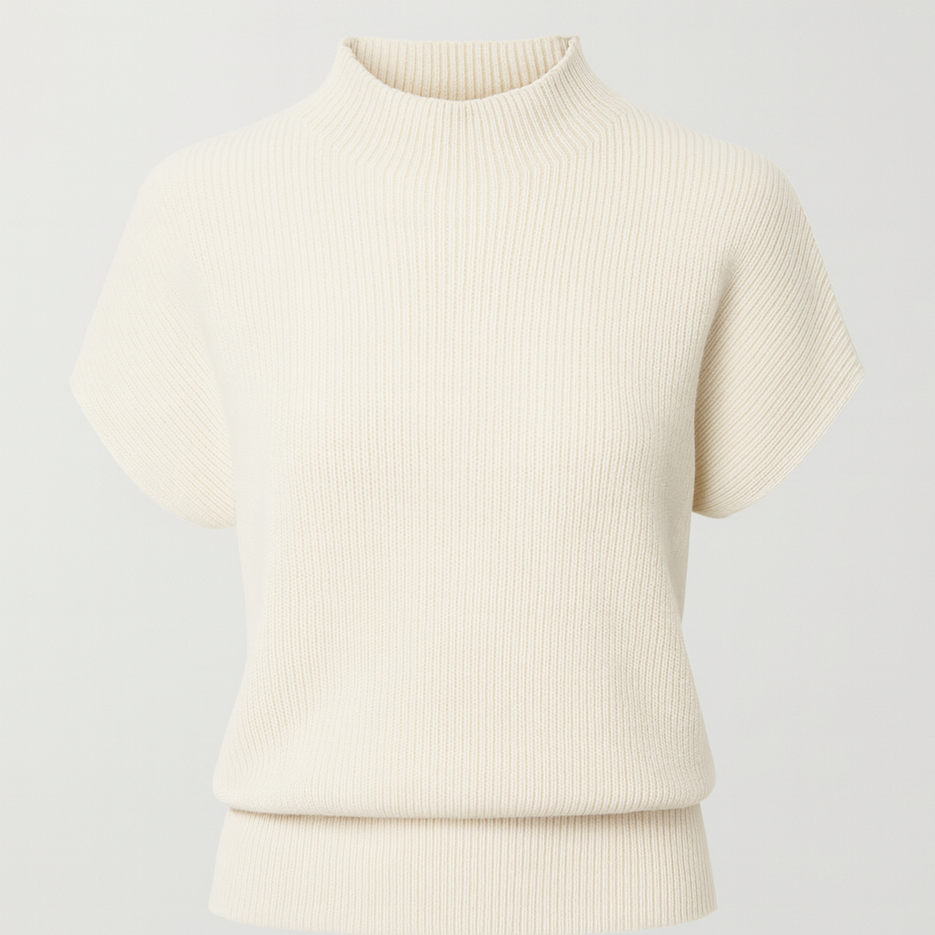 Cremefarbenes Stricktop mit kurzen Ärmeln und schmalem Stehkragen.