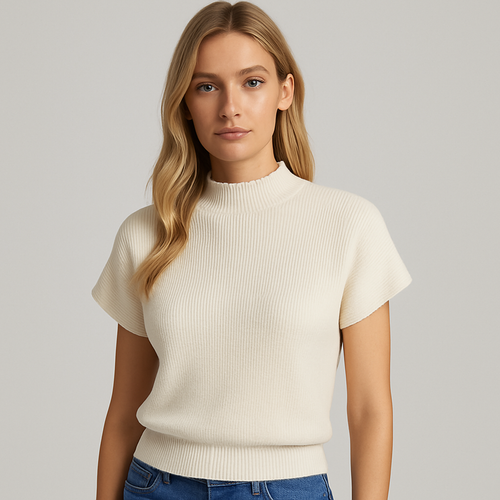 Cremefarbenes Stricktop mit kurzen Ärmeln und schmalem Stehkragen.