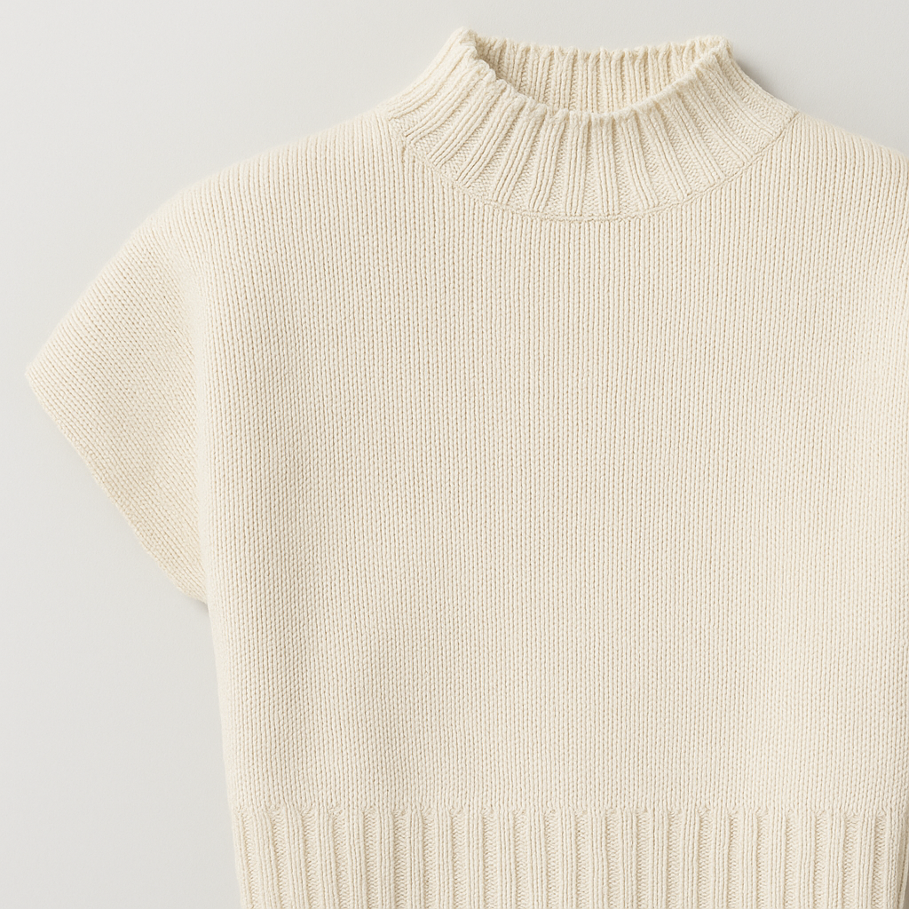 Cremefarbenes Stricktop mit kurzen Ärmeln und schmalem Stehkragen.