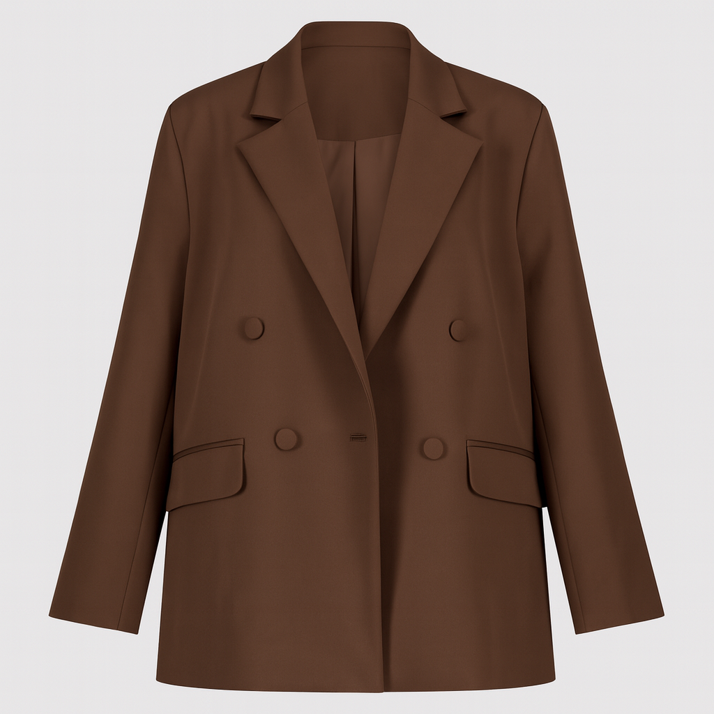 Brauner Oversized Blazer mit doppelter Knopfreihe und Reverskragen.