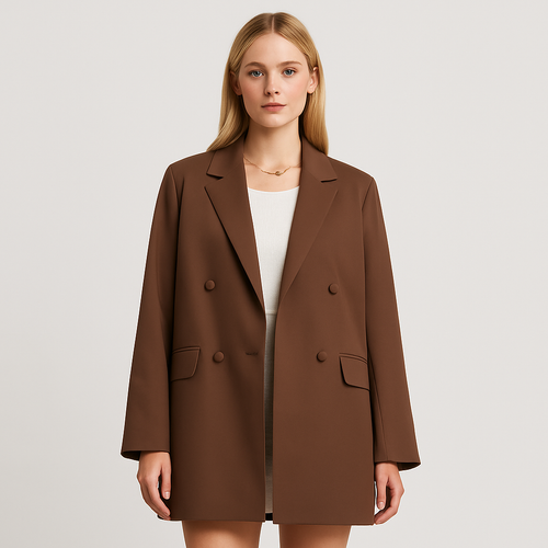 Brauner Oversized Blazer mit doppelter Knopfreihe und Reverskragen.