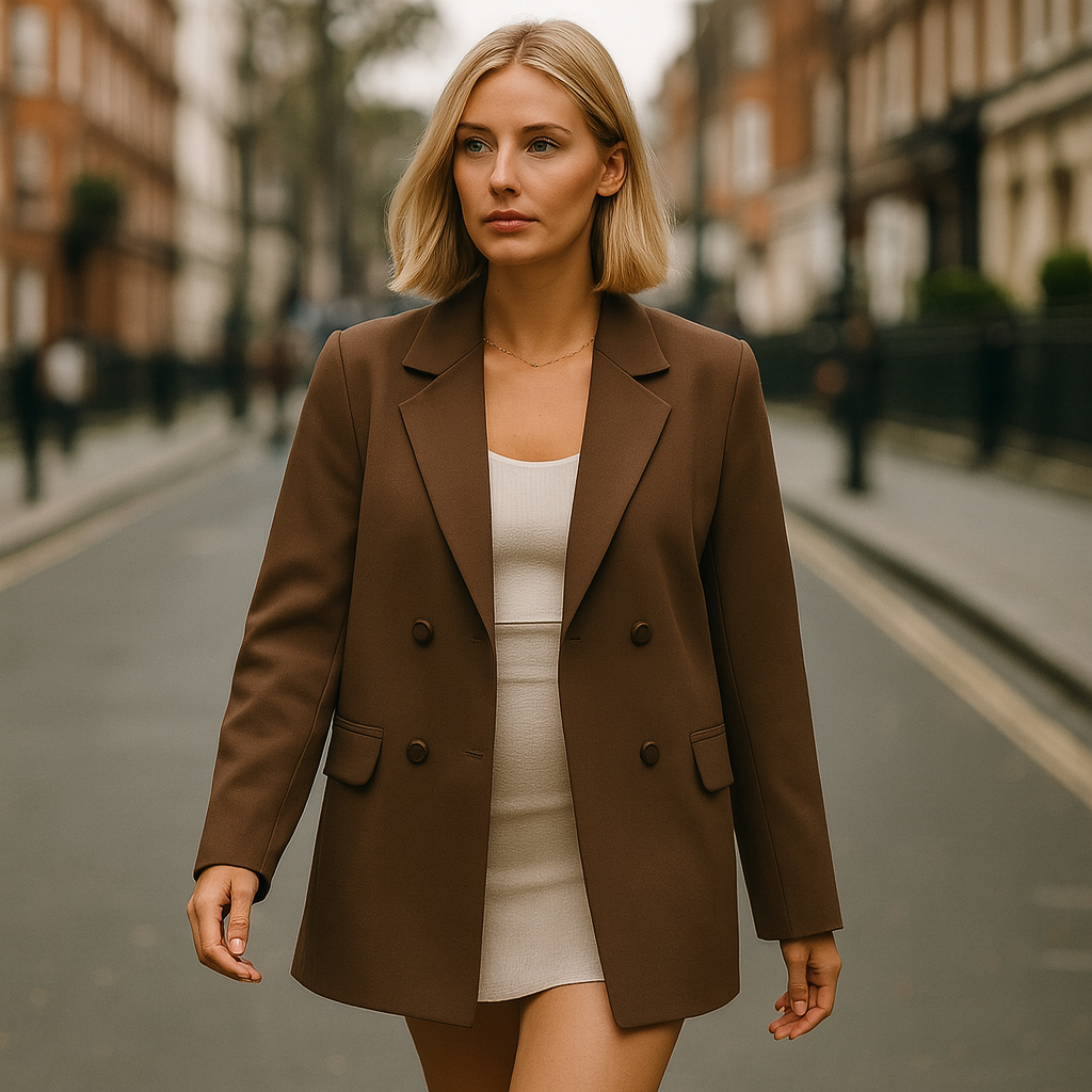 Brauner Oversized Blazer mit doppelter Knopfreihe und Reverskragen.