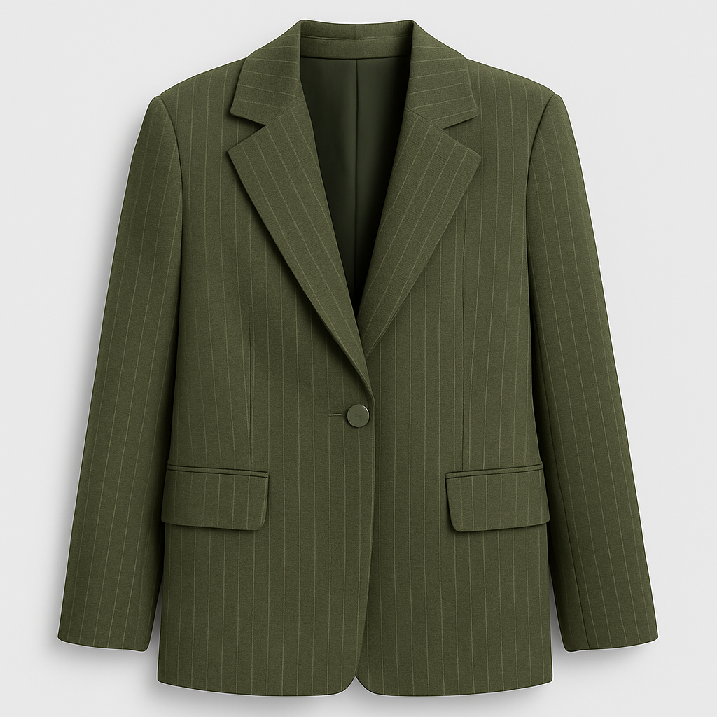 Olivgrüner Blazer mit feinem Nadelstreifenmuster, Reverskragen und einem Knopfverschluss.