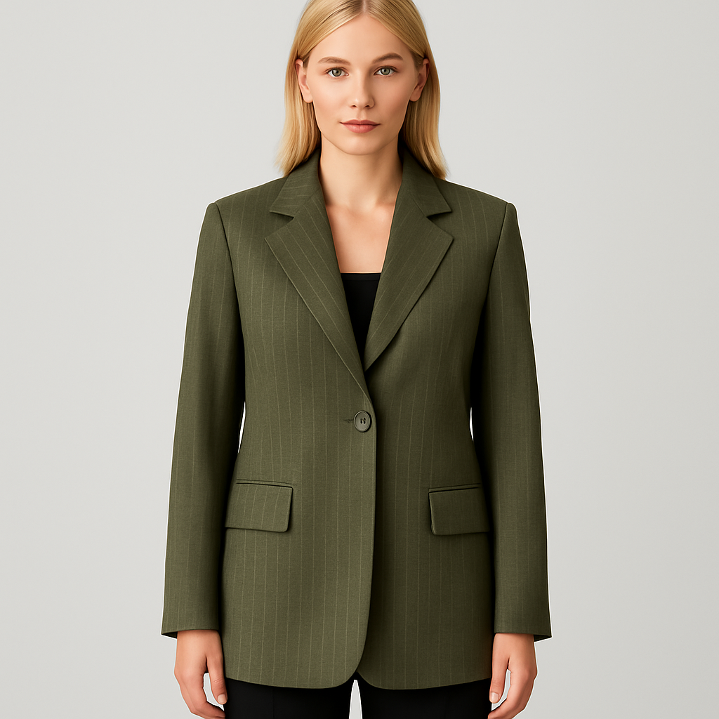Olivgrüner Blazer mit feinem Nadelstreifenmuster, Reverskragen und einem Knopfverschluss.