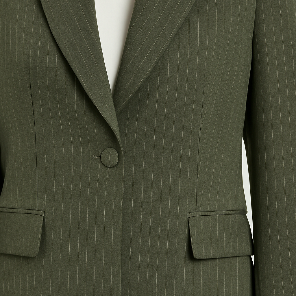 Olivgrüner Blazer mit feinem Nadelstreifenmuster, Reverskragen und einem Knopfverschluss.