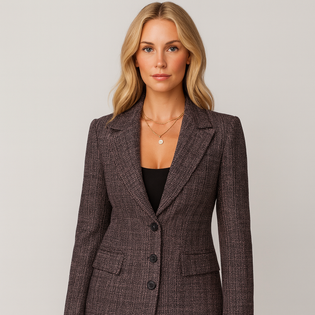 Dunkel karierter Blazer mit tiefem Reverskragen, drei Knöpfen und tailliertem Schnitt.