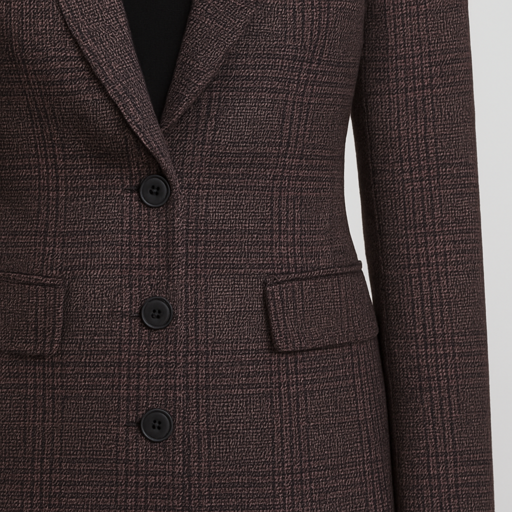 Dunkel karierter Blazer mit tiefem Reverskragen, drei Knöpfen und tailliertem Schnitt.