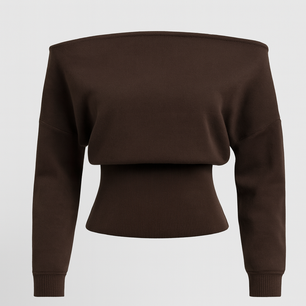 Dunkelbraunes Off-Shoulder Crop Top mit langen Ärmeln und betonter Taille.