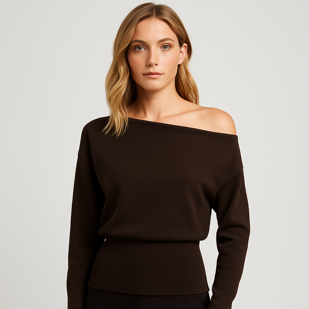 Dunkelbraunes Off-Shoulder Crop Top mit langen Ärmeln und betonter Taille.