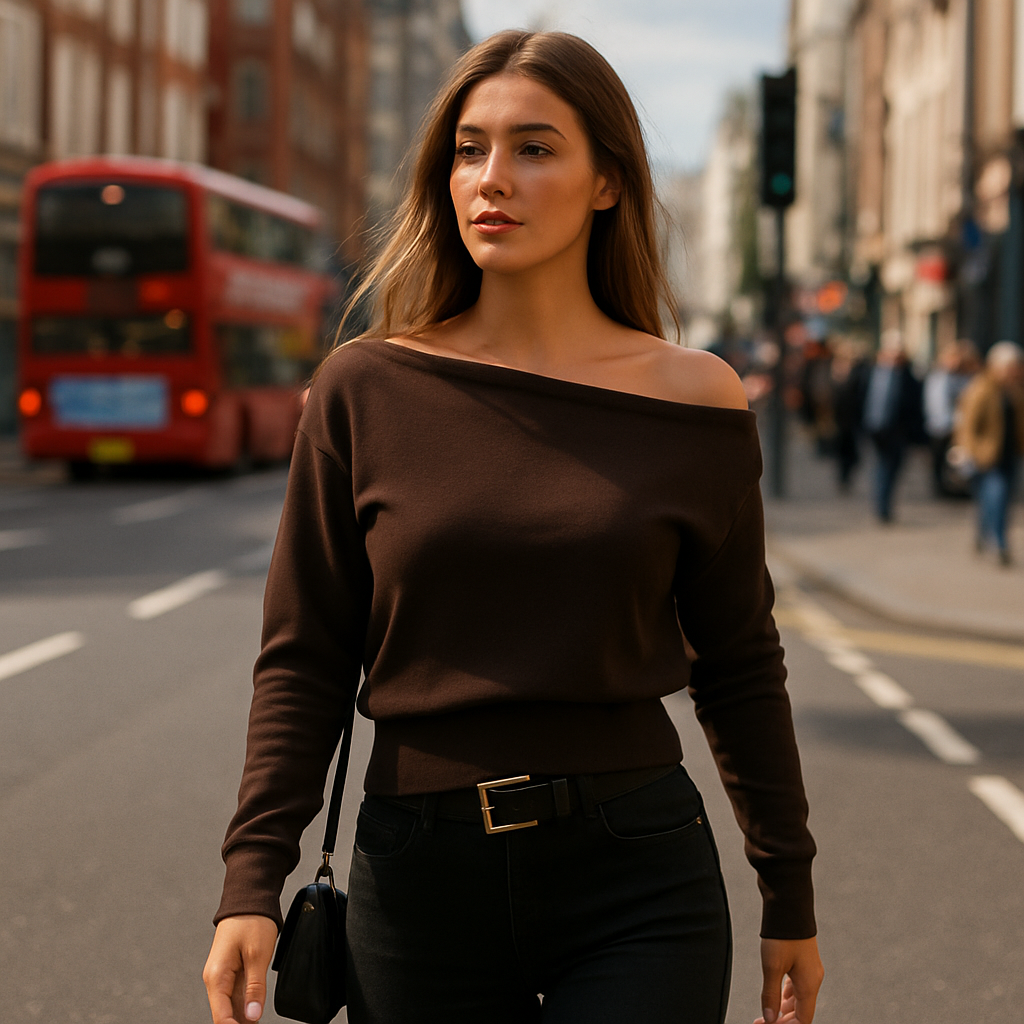 Dunkelbraunes Off-Shoulder Crop Top mit langen Ärmeln und betonter Taille.
