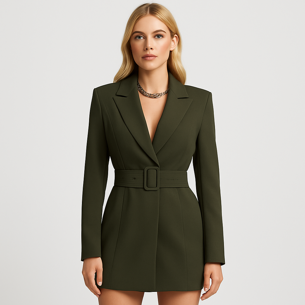 Olivgrüner taillierter Blazer mit breitem Gürtel und Reverskragen.