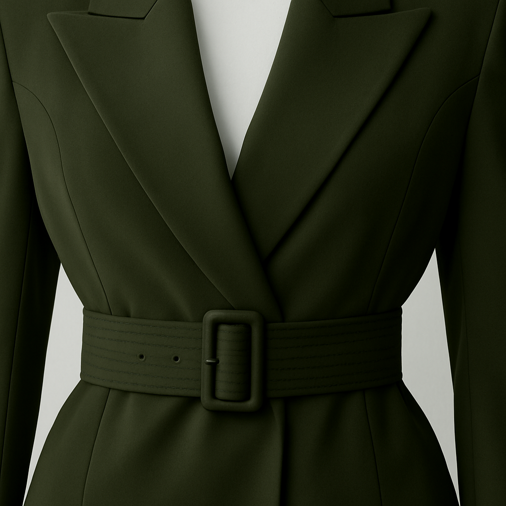 Olivgrüner taillierter Blazer mit breitem Gürtel und Reverskragen.